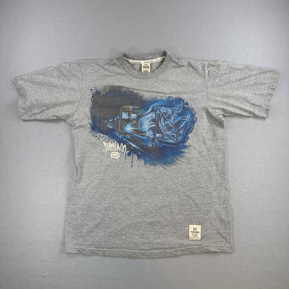 Ecko Unltd T-Shirt Men Large Gray Subway Rhino Graffitti Skater Hip Hop Y2K